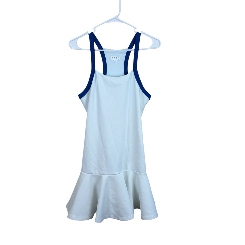 TCEC L White Scuba Blue Trim Sleeveless Racerback Tennis Drop Waist Dress